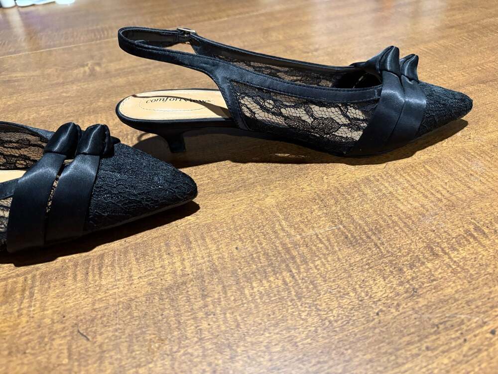 Comfortview Poppy Black Lace Satin Bow Slingback Kitten Heels Size 10W - Picture 10 of 11